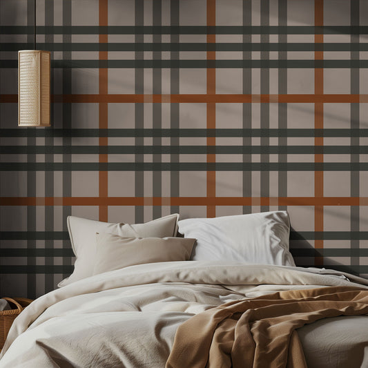 Bedroom with tan, brown, and green plaid wall paper and neutral bedding.