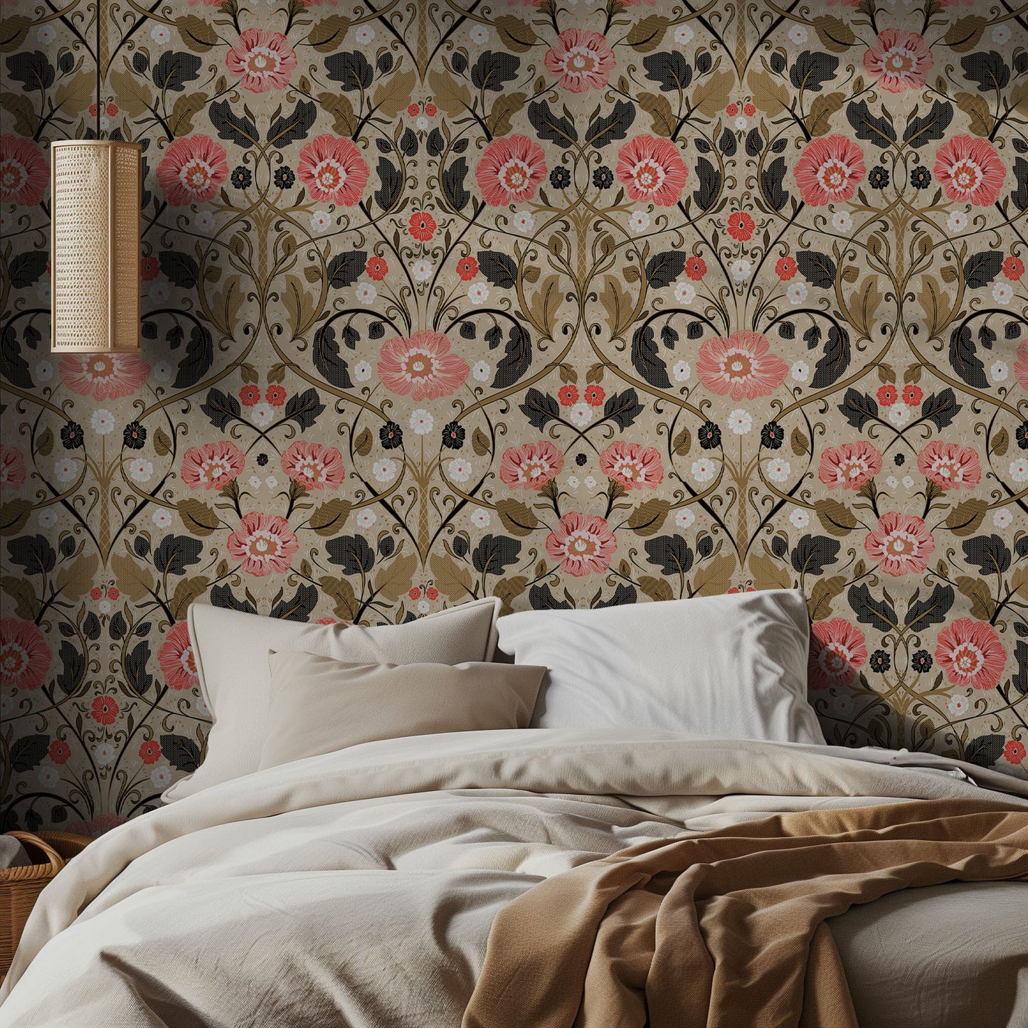 Bedroom with vintage floral wallpaper with pink flowers and a neutral background. A bed with neutral, soft bedding and a pendant light.