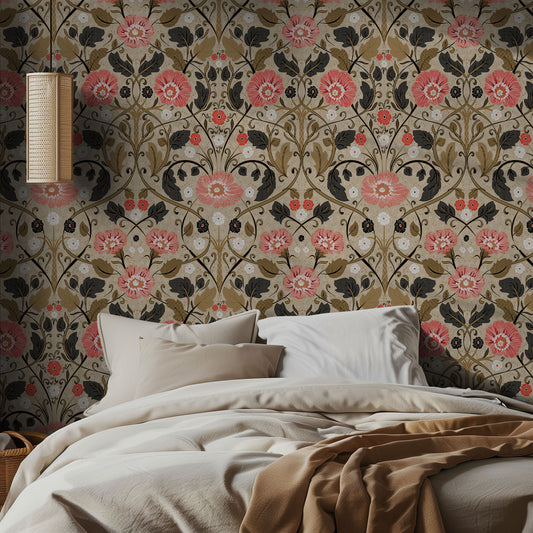 Bedroom with vintage floral wallpaper with pink flowers and a neutral background. A bed with neutral, soft bedding and a pendant light.