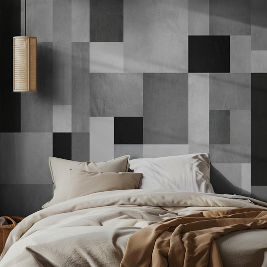 Bedroom with geometric patterned wall and soft lighting