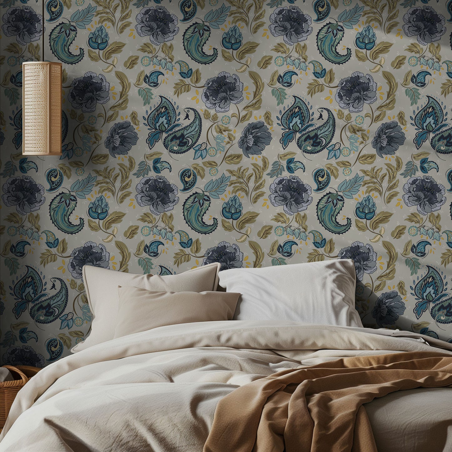 Bedroom with blue, green, and beige floral and paisley, and beige bedding