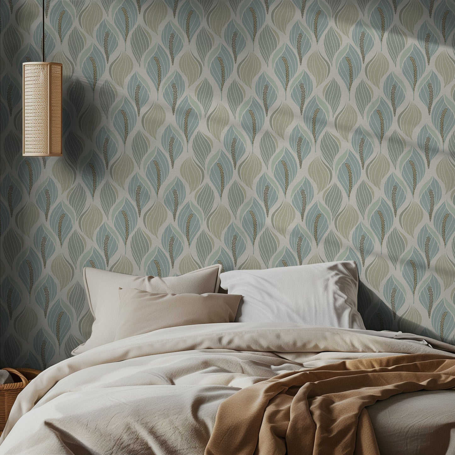 Sage and light teal lily patterned wallpaper and soft bedding