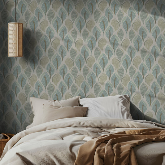 Sage and light teal lily patterned wallpaper and soft bedding