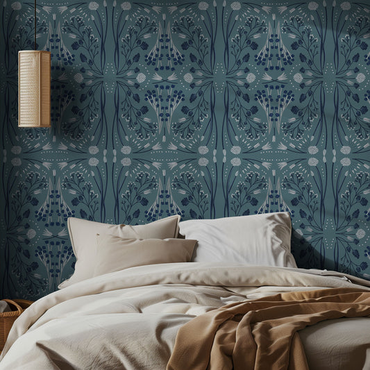 Bedroom with teal, boho floral-patterned wallpaper and beige bedding