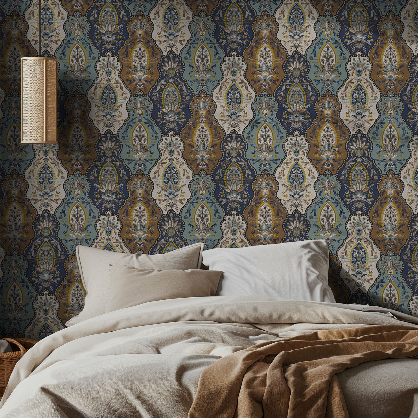 Bedroom with ornate teal and tan boho patterned wallpaper and soft bedding