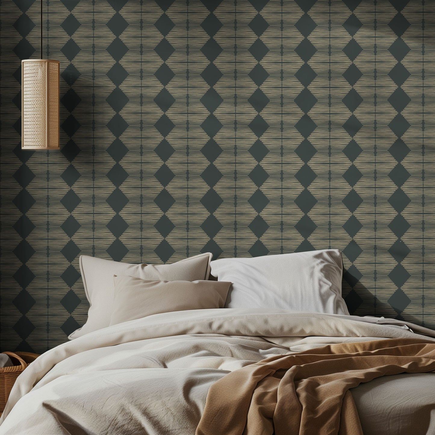 Bedroom with an earthy, boho, geometric patterned wallpaper, a neutral colored bed and soft bedding.
