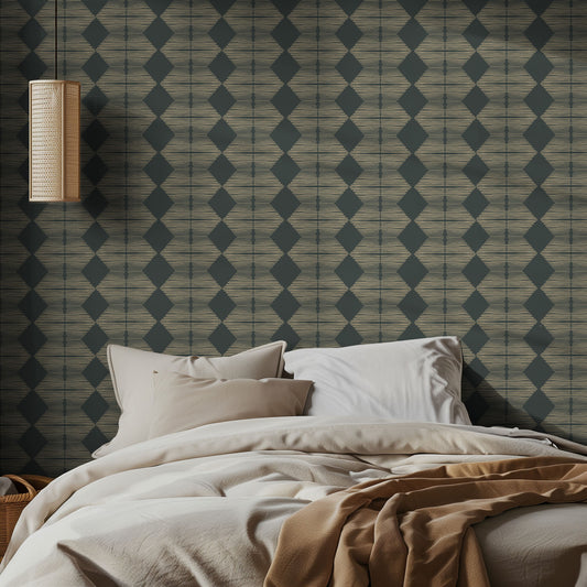 Bedroom with an earthy, boho, geometric patterned wallpaper, a neutral colored bed and soft bedding.