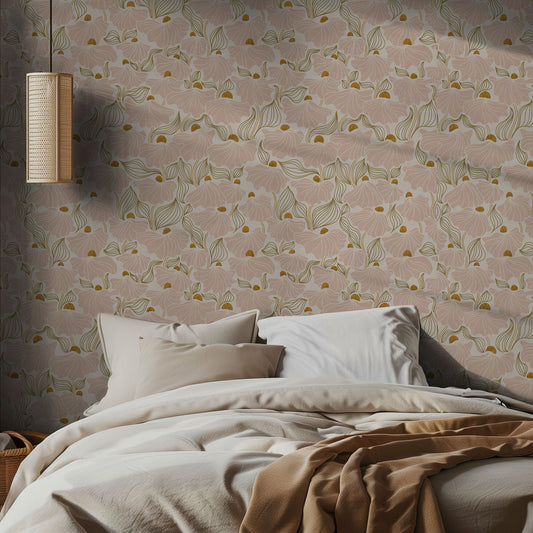 Bedroom with pale pink floral wallpaper and neutral, soft bedding