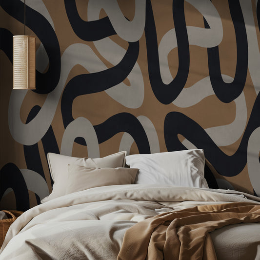 Bedroom with abstract line wall pattern and neutral bedding