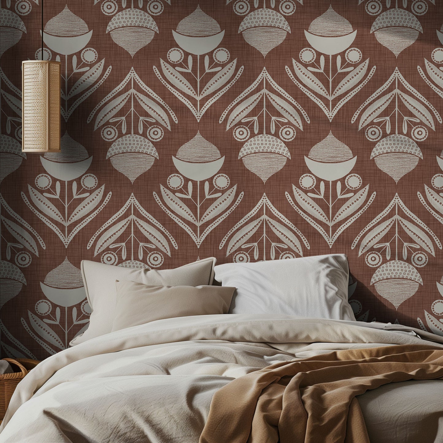 Bedroom with off white acorn wallpaper pattern on textured brown background, neutral bedding, and a pendant light.