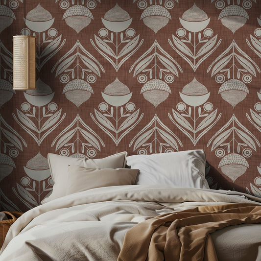 Bedroom with off white acorn wallpaper pattern on textured brown background, neutral bedding, and a pendant light.