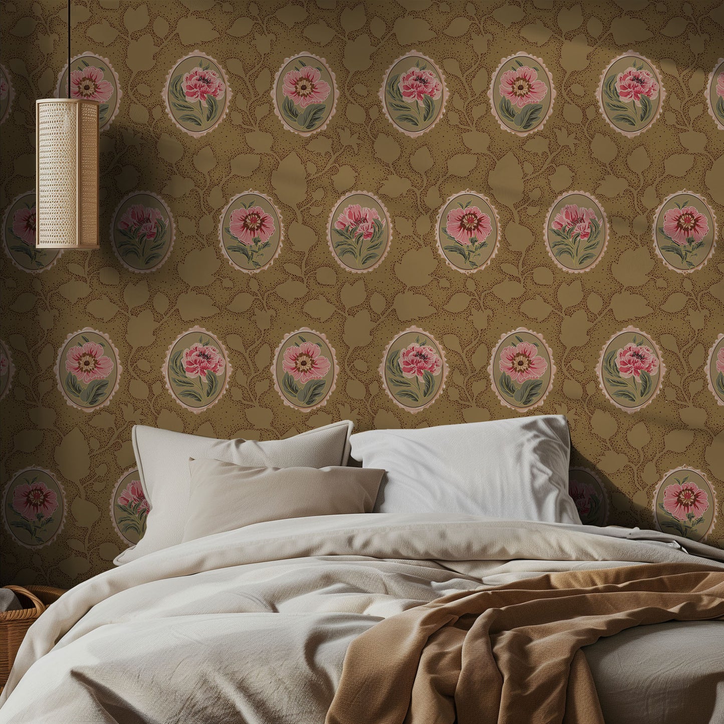Bedroom with floral cameo pattern with pink flowers and green leaves on a brown background and soft bedding
