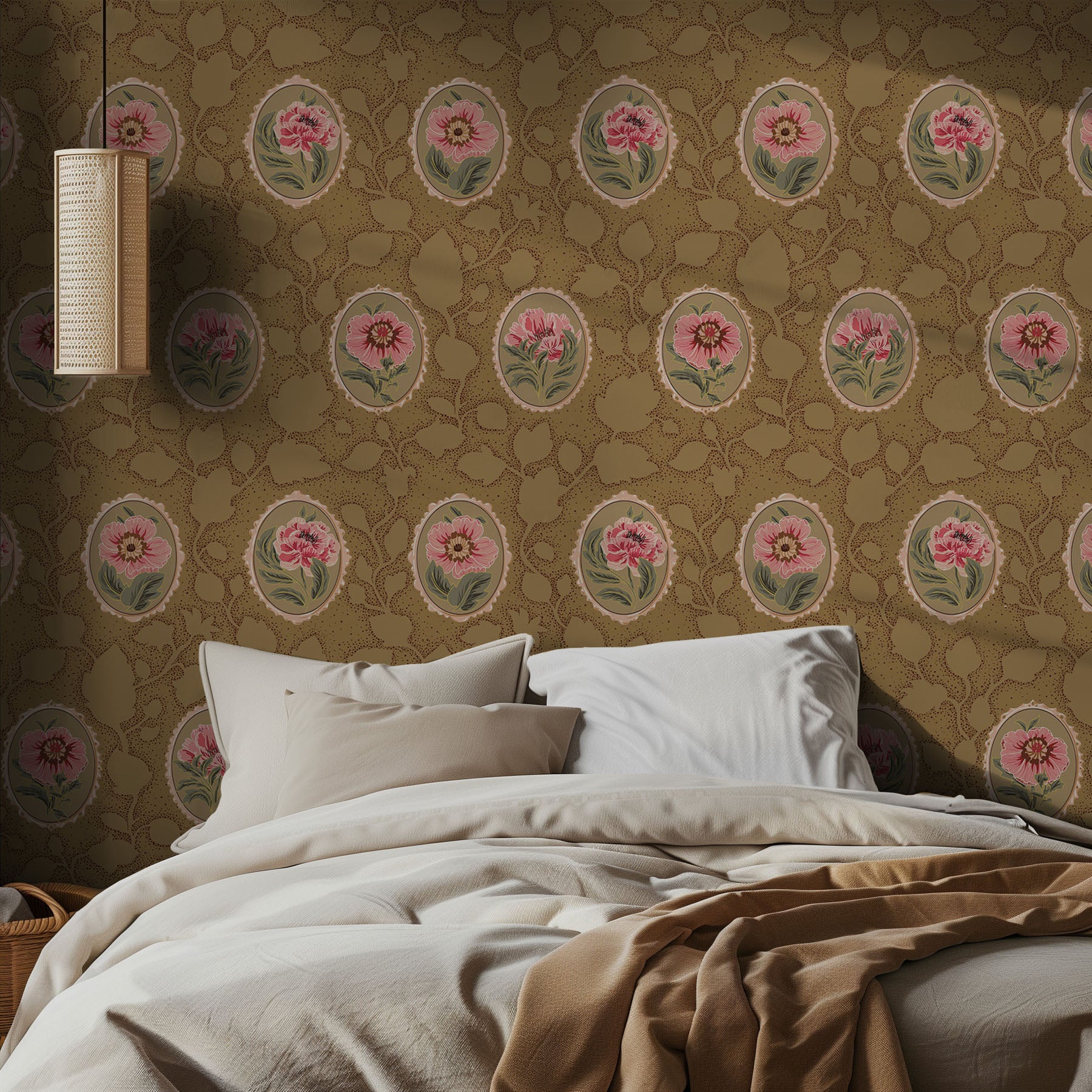 Bedroom with floral cameo pattern with pink flowers and green leaves on a brown background and soft bedding