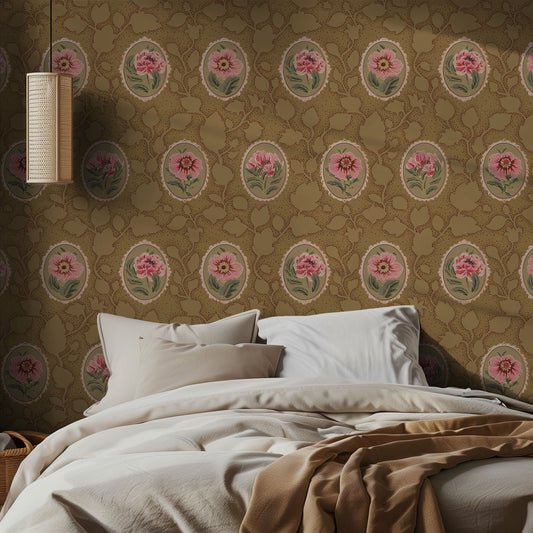 Bedroom with floral cameo pattern with pink flowers and green leaves on a brown background and soft bedding
