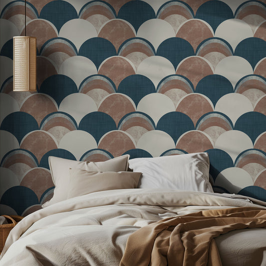 Bedroom with a boho patterned wall featuring textured circular shapes in blue, beige, and white.