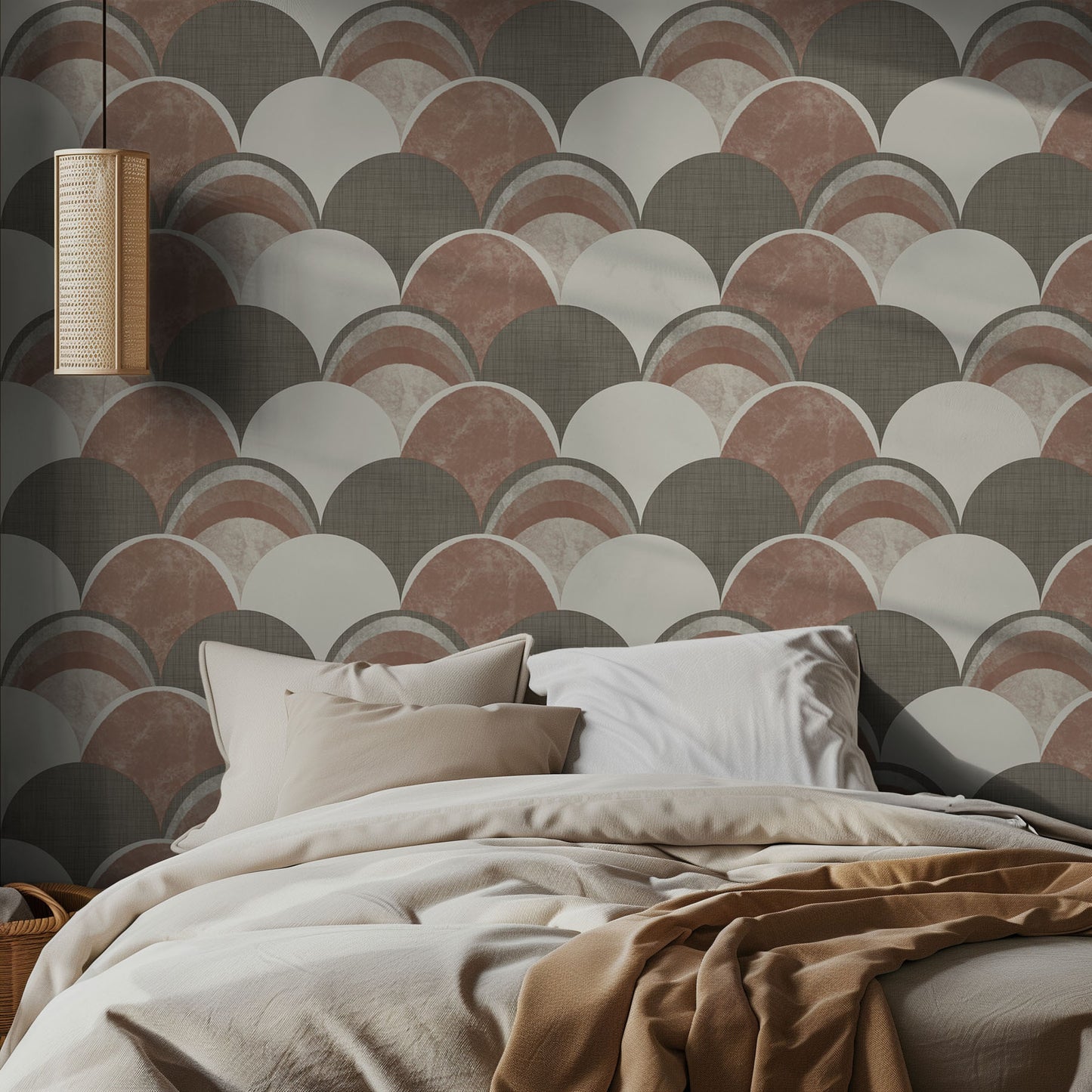 Bedroom with a boho patterned wall featuring textured circular shapes in brown, muted forest green, and cream.