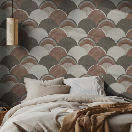 Bedroom with a boho patterned wall featuring textured circular shapes in brown, muted forest green, and cream.