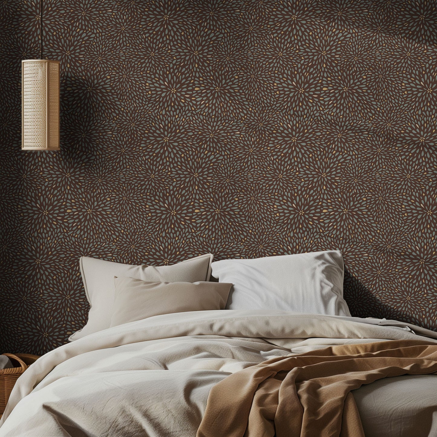 Bedroom with brown and teal floral burst patterned wallpaper and soft bedding