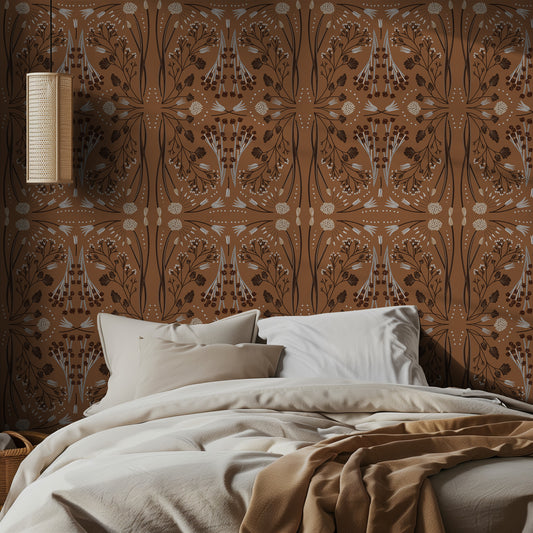 Bedroom with mirrored floral wallpaper design on a brown background, and beige bedding.