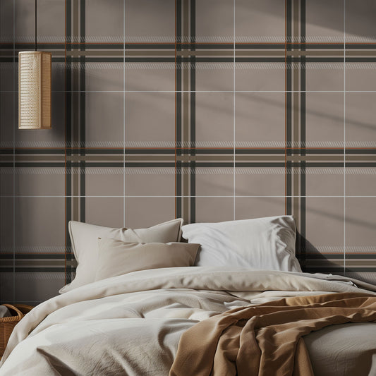 Bedroom with neutral, plaid wall pattern and soft bedding.