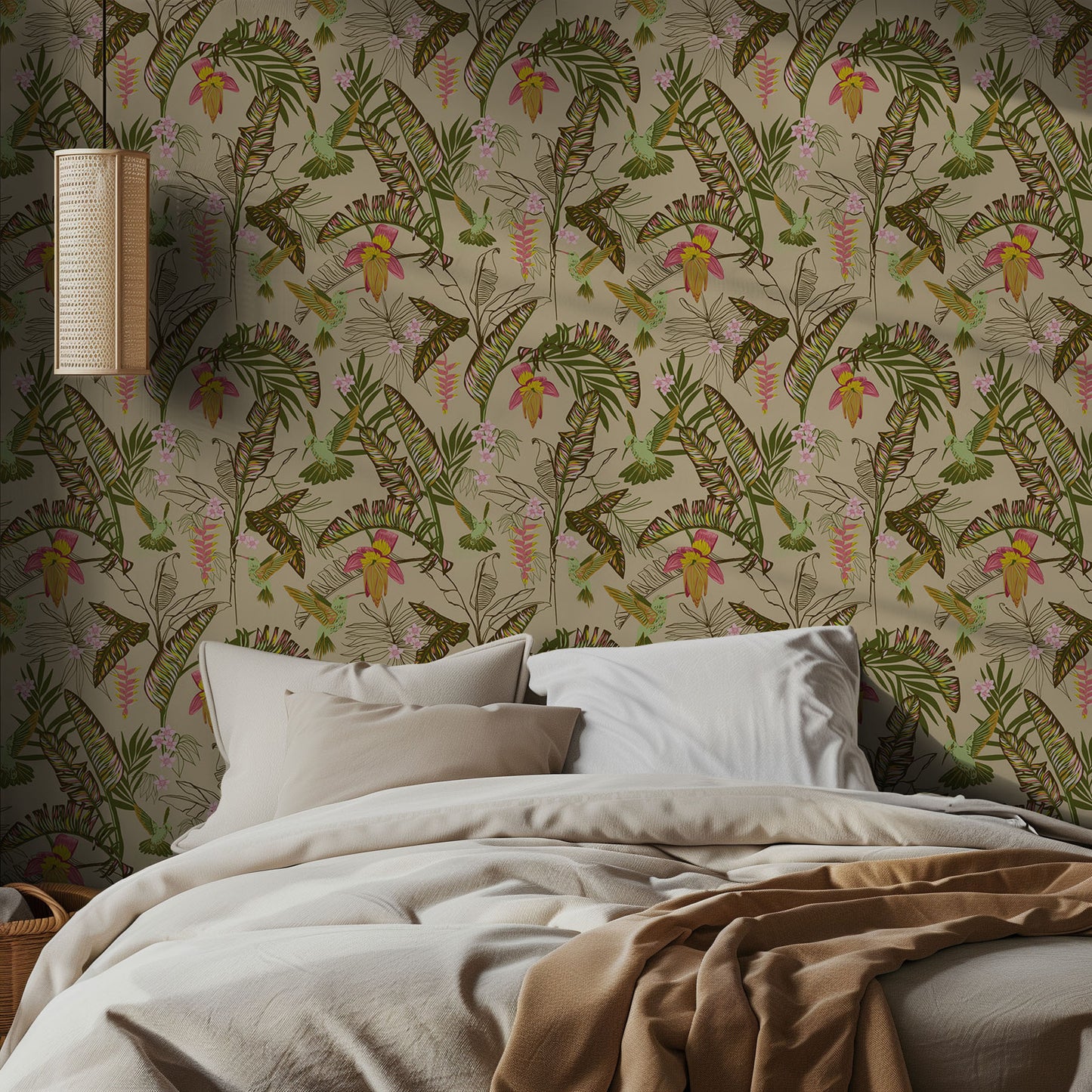 Bedroom with wallpaper featuring tropical leaves, flowers, and humming birds.
