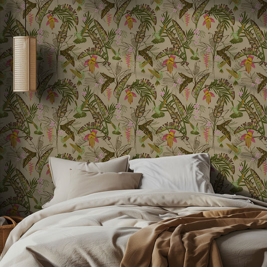 Bedroom with wallpaper featuring tropical leaves, flowers, and humming birds.