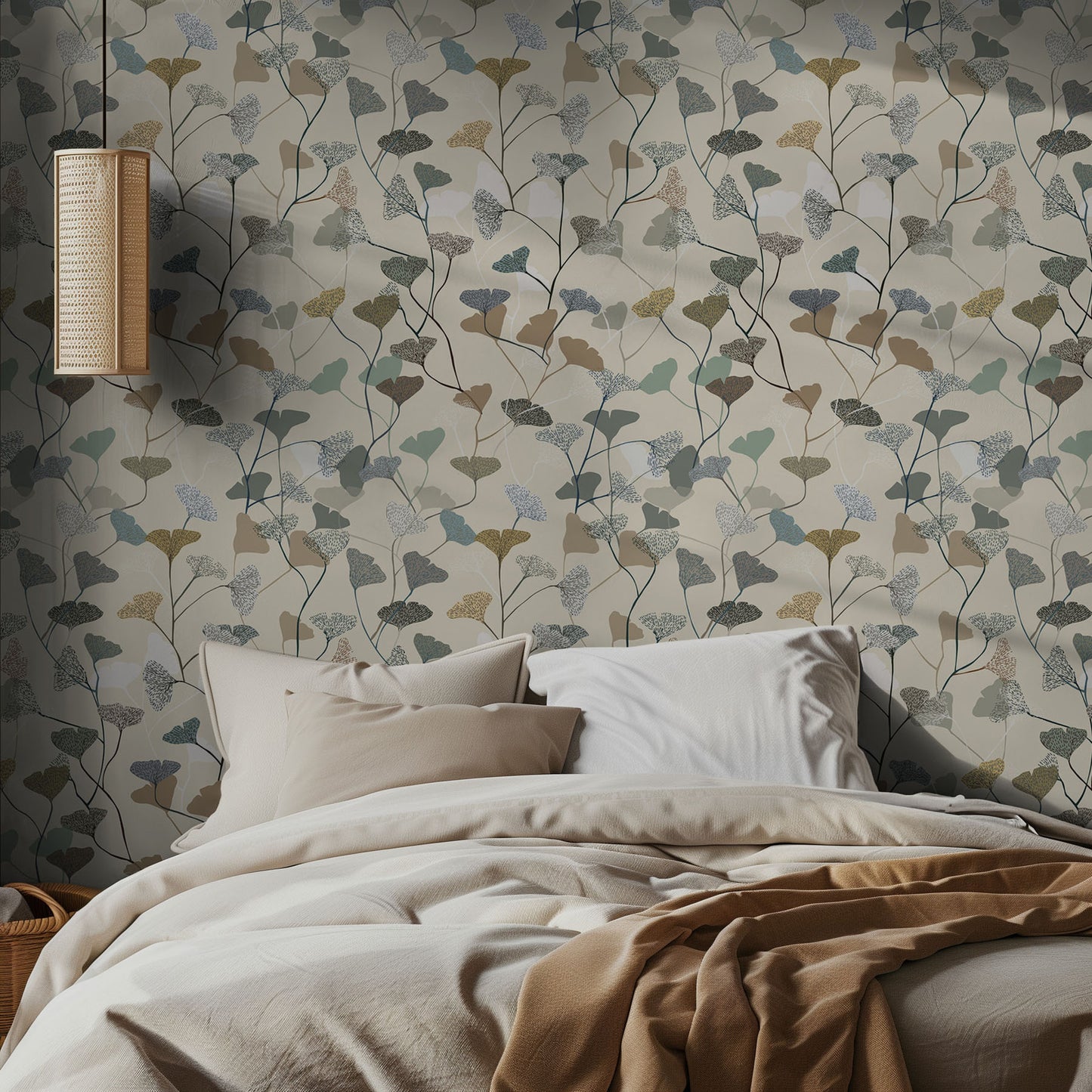 Bedroom with neutral  leaf and floral wallpaper and neutral bedding