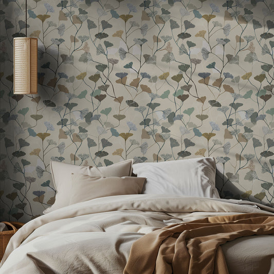 Bedroom with neutral  leaf and floral wallpaper and neutral bedding