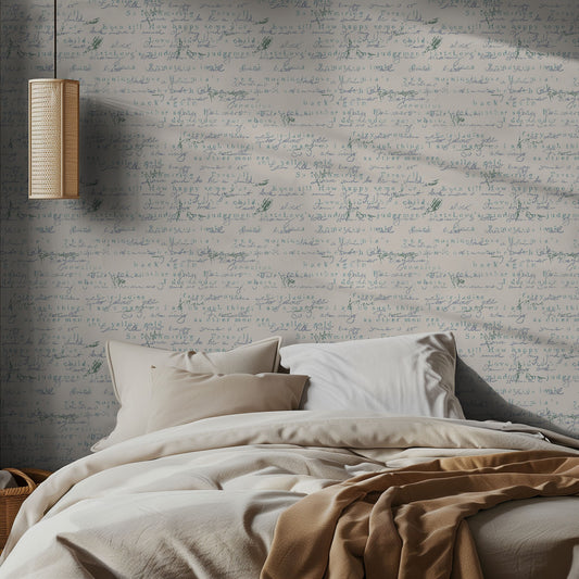 Bedroom with handwritten writing wallpaper textured wall, bed with beige bedding, and pendant light.