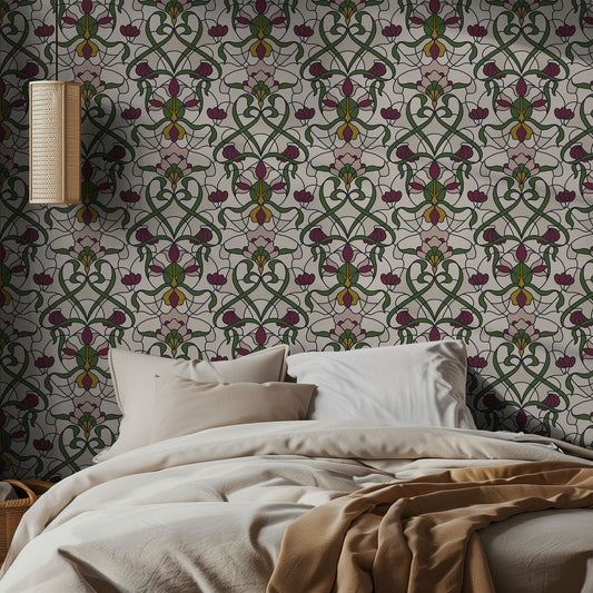 Bedroom with decorative cream stained glass style wallpaper featuring floral patterns and a lamp.