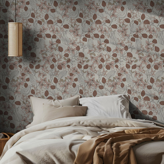 Bedroom with neutral line art floral wallpaper and neutral bedding