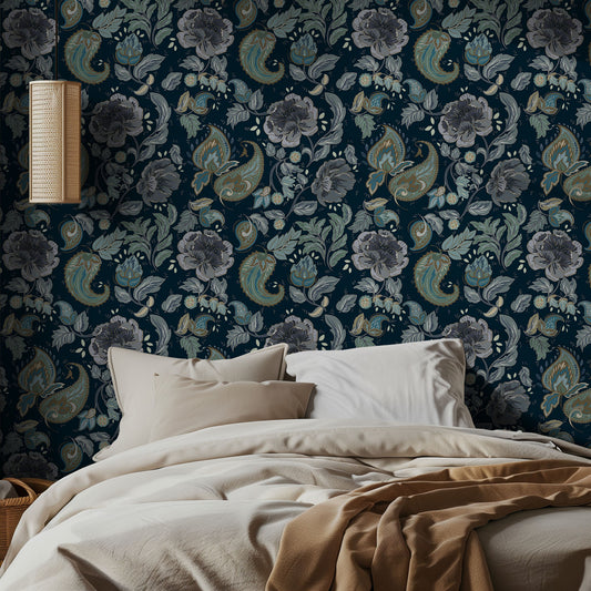 Bedroom with navy and aqua floral wallpaper and beige bedding