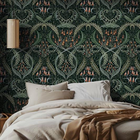 Bedroom with ornate green wallpaper featuring floral patterns and a bed with beige bedding.