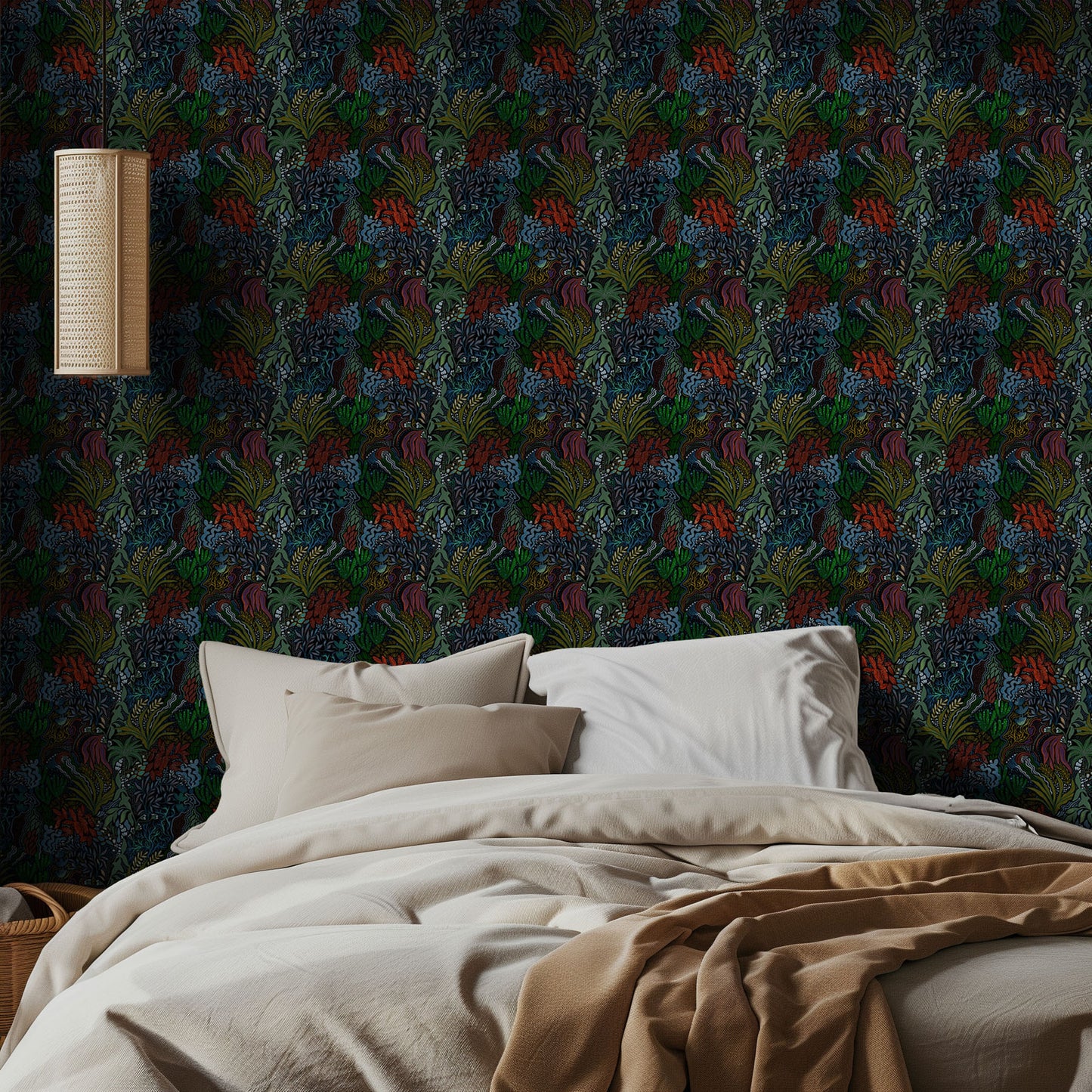 Bedroom with dark botanical patterned wallpaper and beige bedding