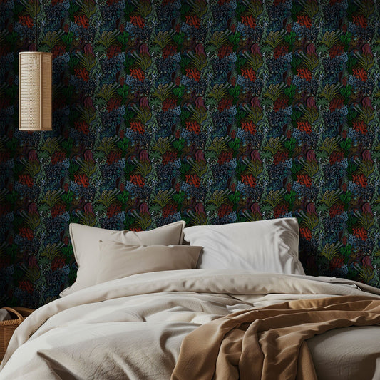 Bedroom with dark botanical patterned wallpaper and beige bedding