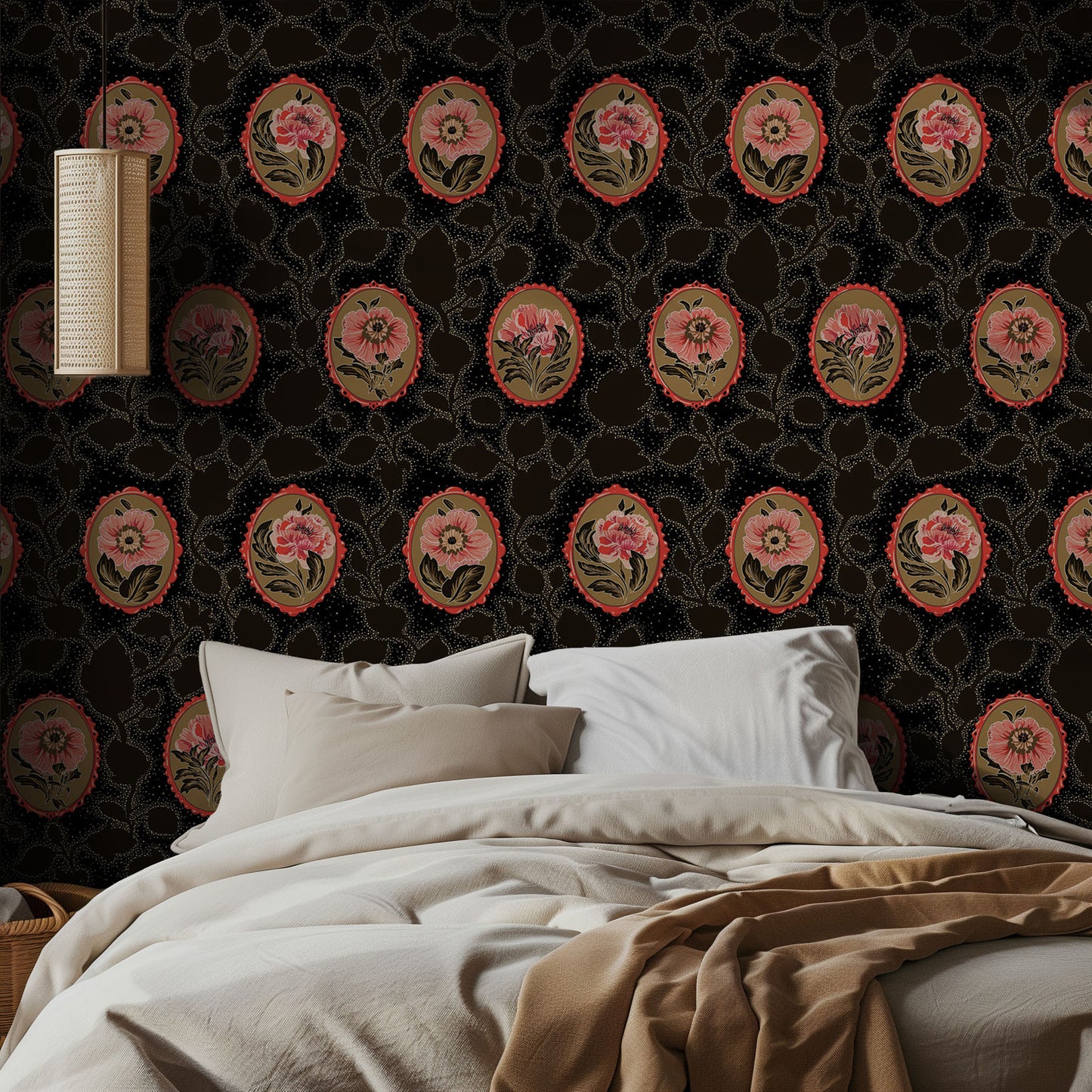 Bedroom with floral cameo wallpaper with black background and white bedding