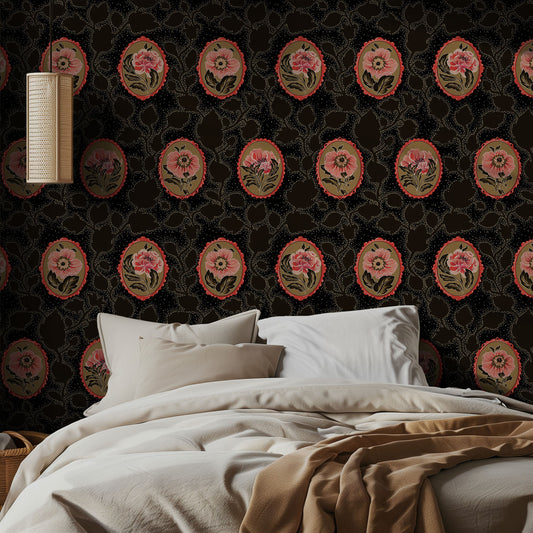 Bedroom with floral cameo wallpaper with black background and white bedding