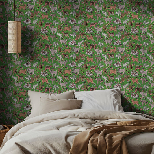 Bedroom with green wallpaper featuring animal patterns and beige bedding.