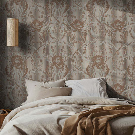 Bedroom with brown and cream floral wallpaper and neutral bedding.