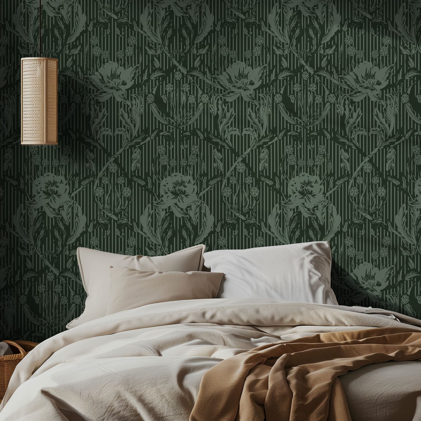 Bedroom with moody green floral-patterned wallpaper and neutral bedding