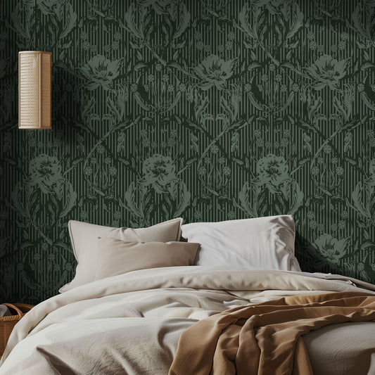 Bedroom with moody green floral-patterned wallpaper and neutral bedding