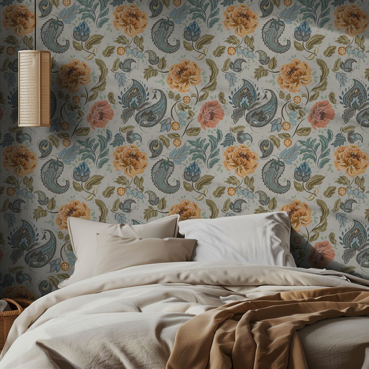 Bedroom with floral paisley wallpaper and pillows on a bed