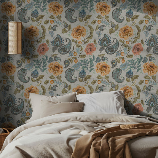 Bedroom with floral paisley wallpaper and pillows on a bed