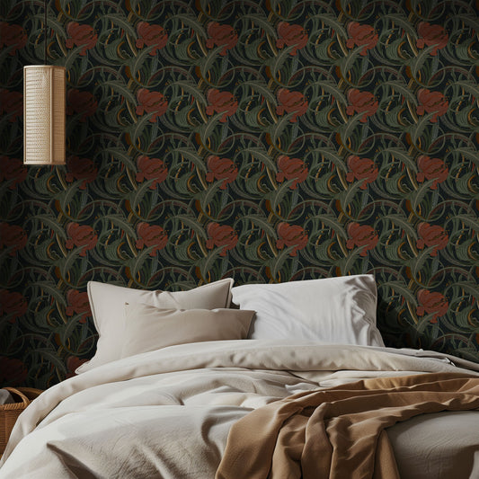 Bedroom with vintage dark botanical wallpaper and a bed with beige bedding.