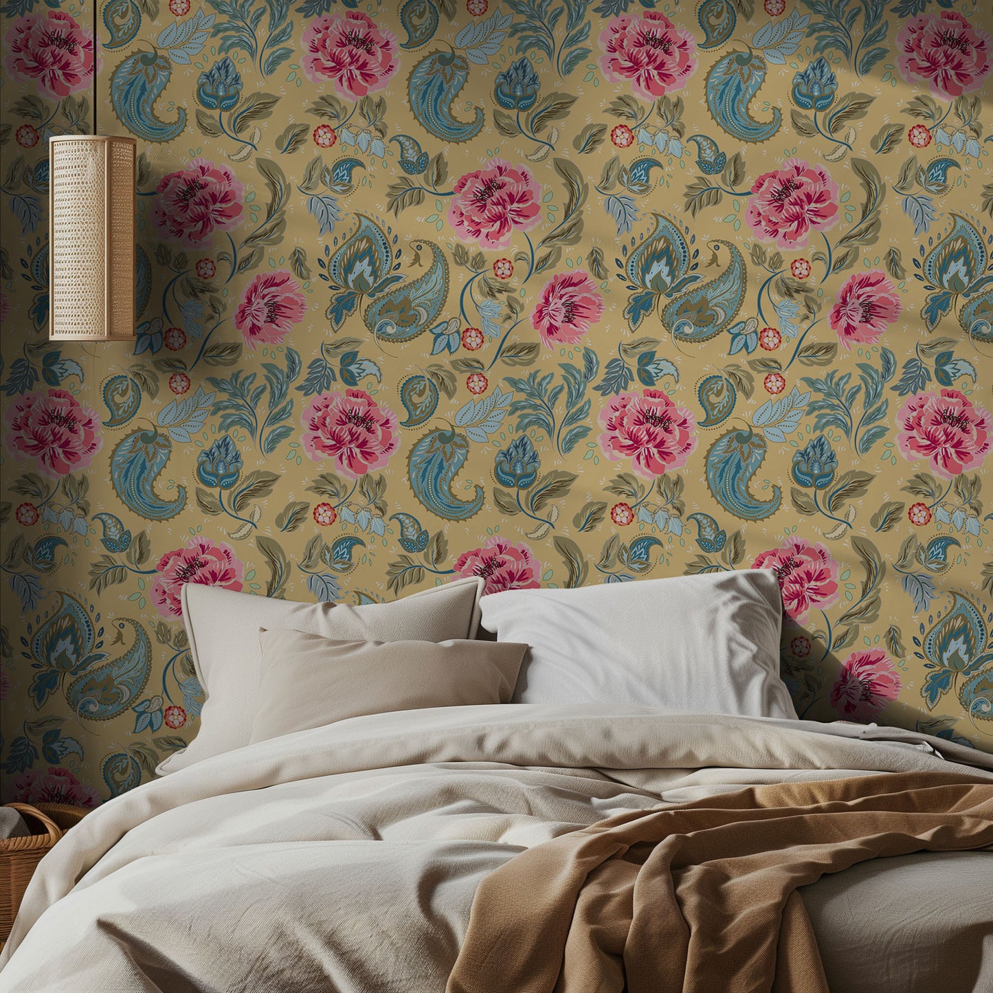 Bedroom with yellow and pink floral wallpaper and neutral bedding.