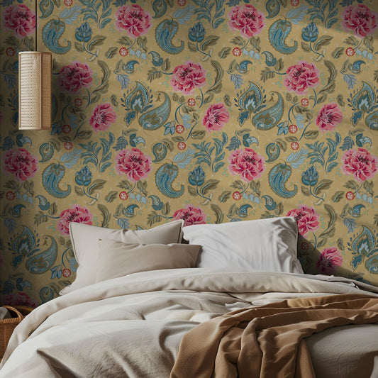 Bedroom with yellow and pink floral wallpaper and neutral bedding.