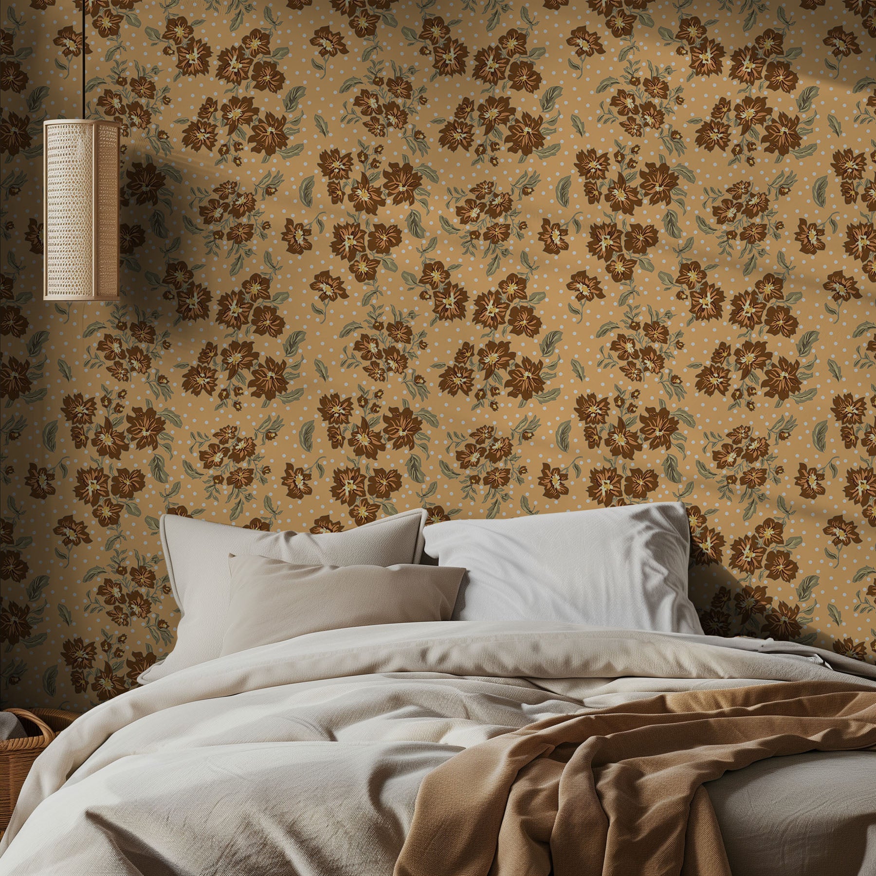 Bedroom with floral wallpaper and beige bedding