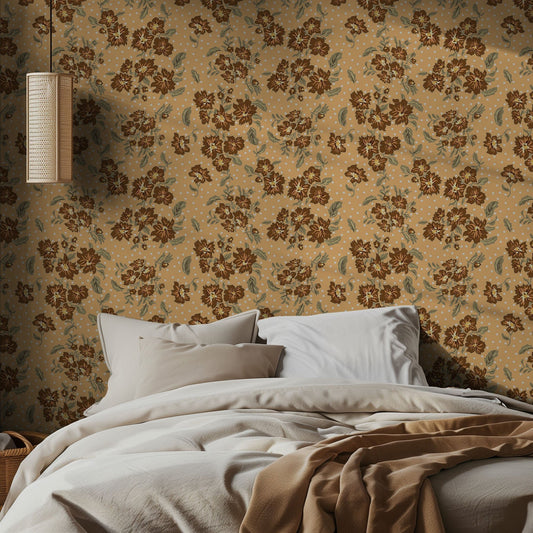 Bedroom with floral wallpaper and beige bedding