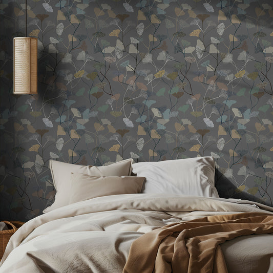 Bedroom with gray floral-patterned wallpaper and neutral bedding