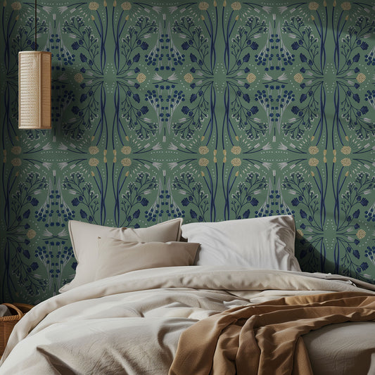 Bedroom with wildflower floral-patterned wallpaper and beige bedding.